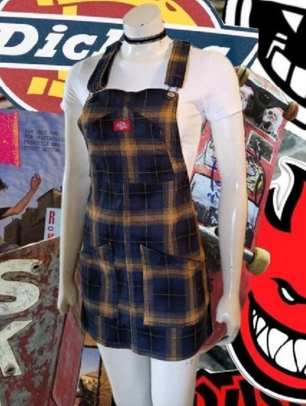 VTG Y2K Dickies Plaid Overall Jumper Mini Dress in Navy & Mustard Yellow Sz S